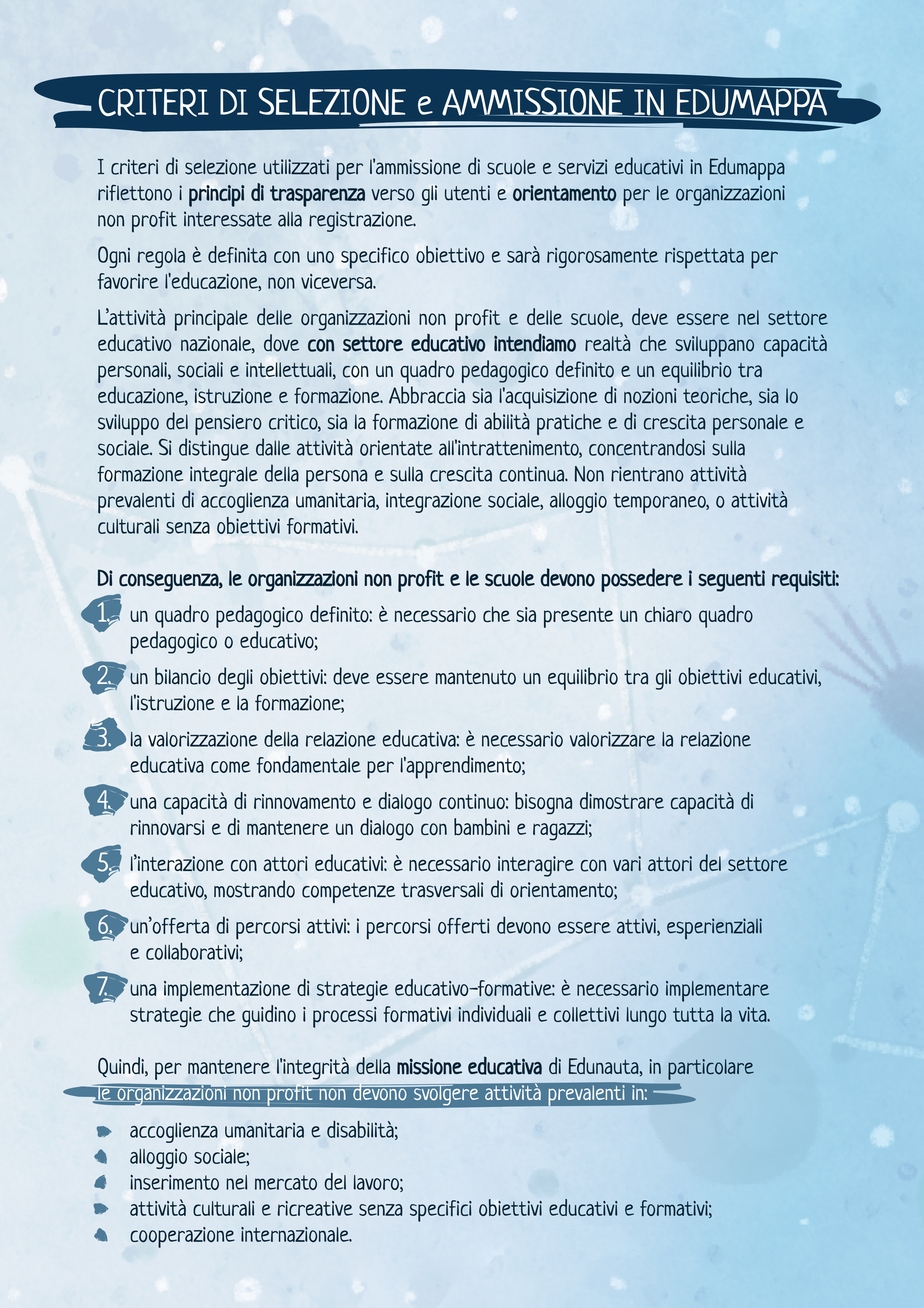 Criteri di selezione e ammissione